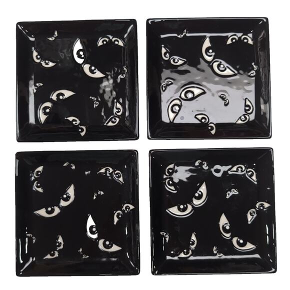 Fitz & Floyd Small Black Halloween Plates Set of 4 Spooky Eyes Appetizer Ceramic - Picture 1 of 10